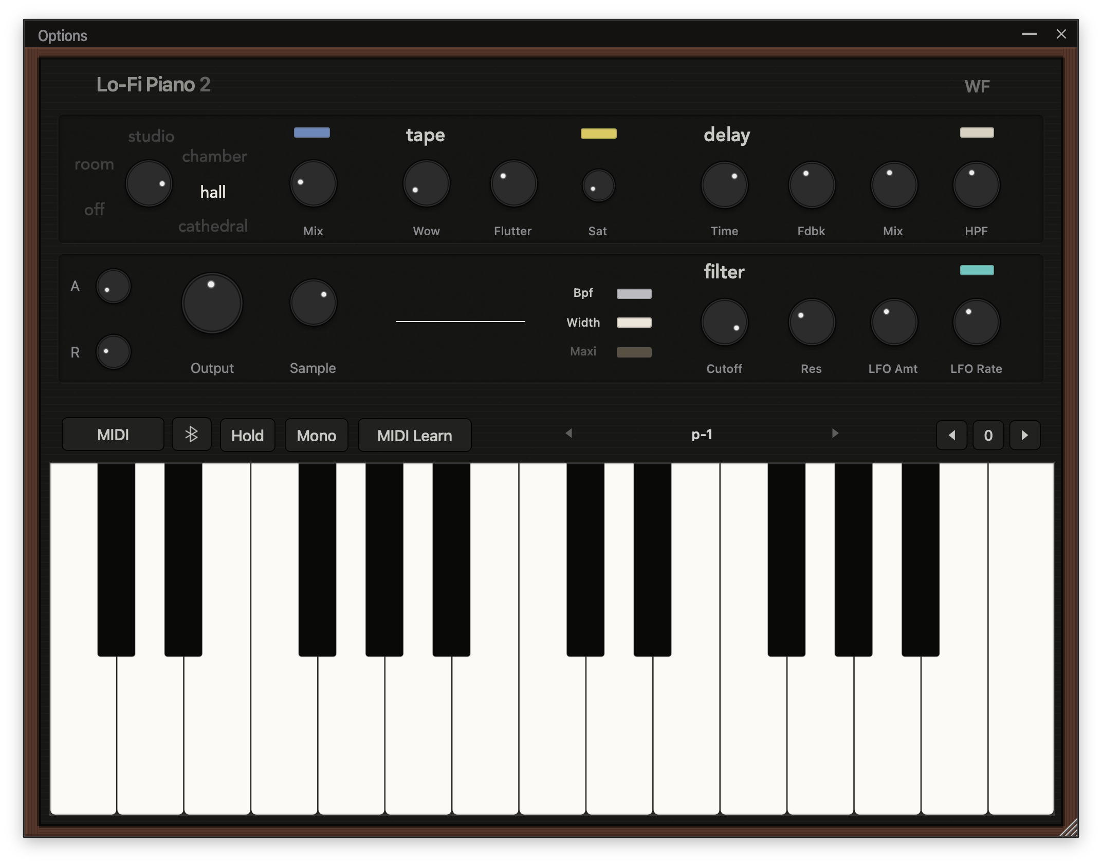 Lo-Fi Piano 2 dark theme with the on-screen keyboard