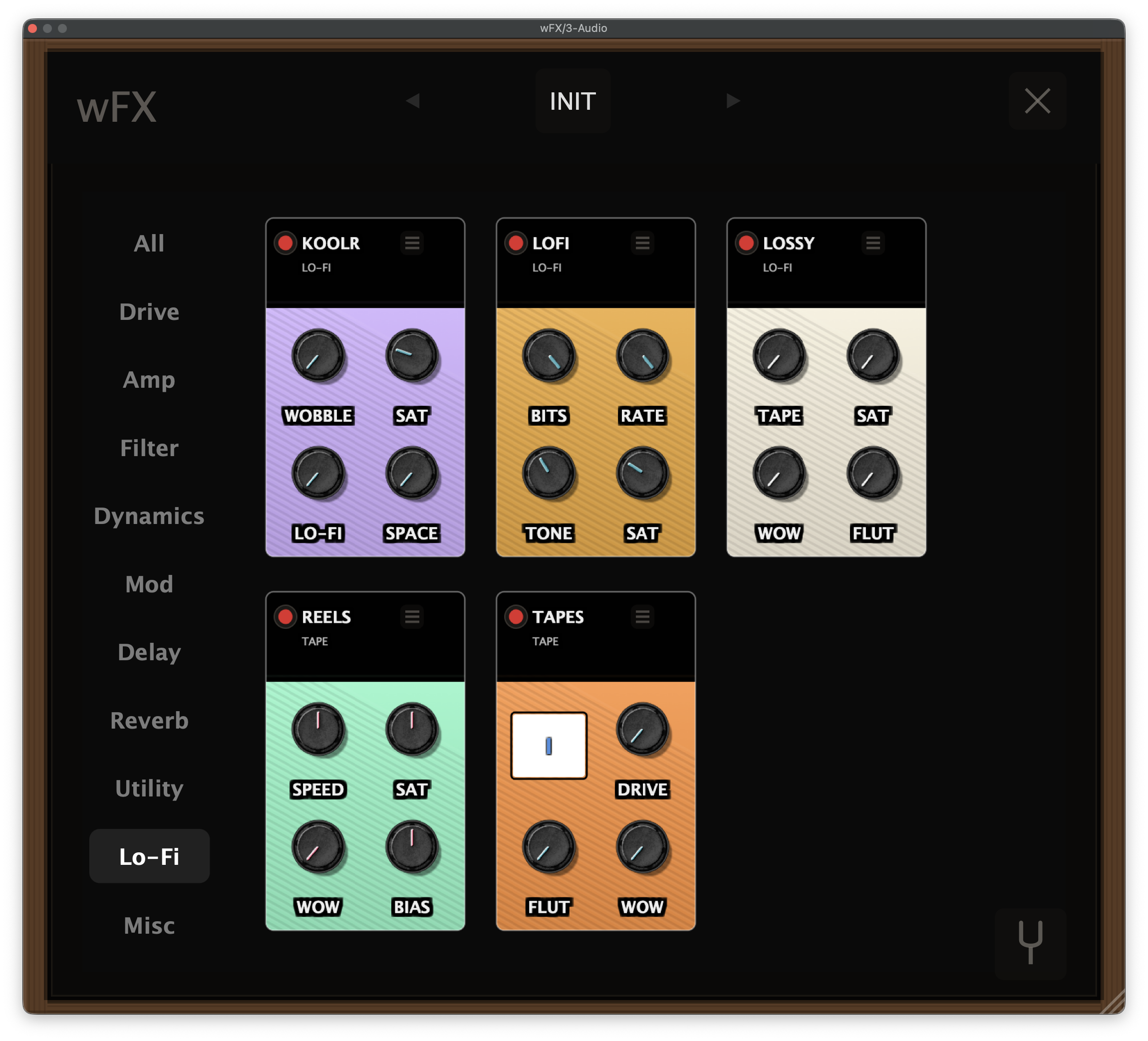 wFX FX menu filtered to Lo-Fi, INIT preset