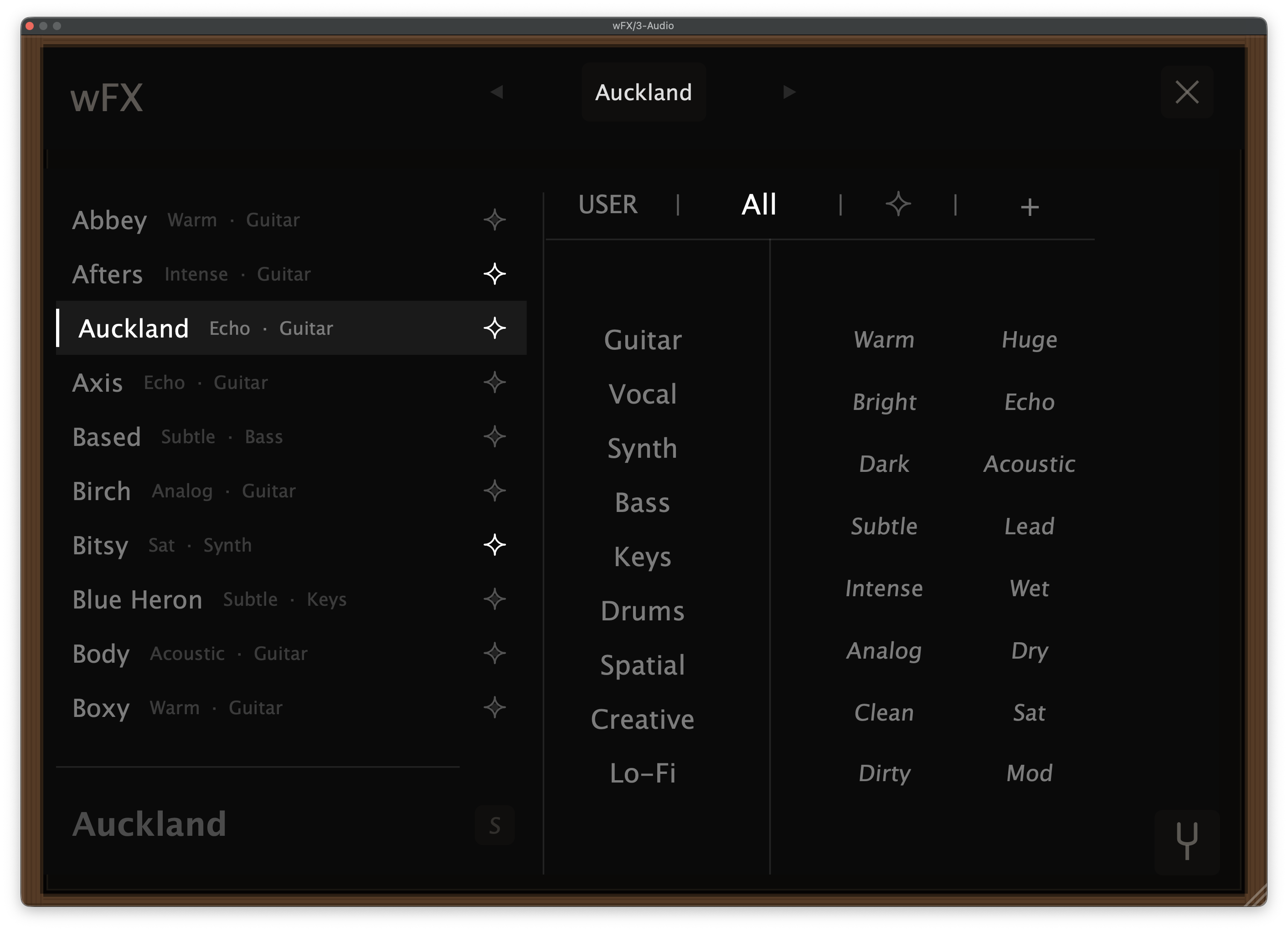 wFX preset menu with Auckland selected
